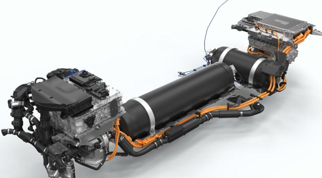 Broken out image of a hydrogen fuel cell cars' power train.