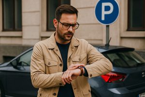 Man checking his watch next to his car parked.