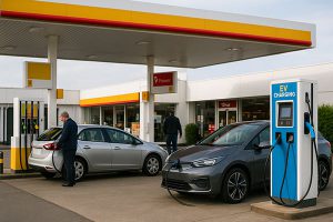 Fuel station forecourt showing EV and Petrol cars filling up.