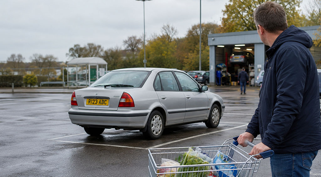 olded scrapped car in tesco car park